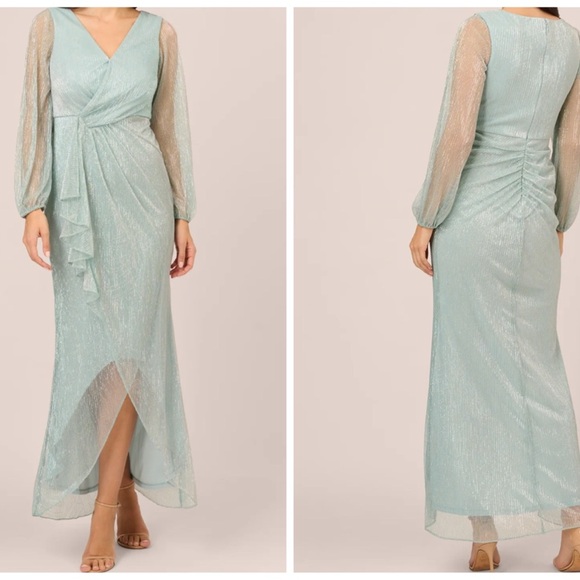 NWT Adrianna Papell Elegant Mint Green Evening Dress Crinkle Metallic Gown sz 6 - Picture 1 of 16